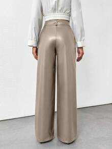 Plus Size Women's Gold Button Detailed Straight Fit Leather Pant - Beige - View 2
