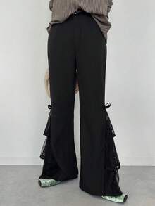 FRIFUL 女士纯色蕾丝拼接优雅喇叭裤 - 黑色 - 查看 8