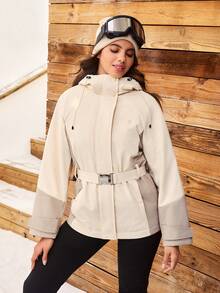 OutZeal Ski Jacket Women Shell Jacket Thermal Clothes Winter Skiing Camping Quilted Lined Water-Resistant Adjustable Belt With Zip Pockets - Khaki - View 7