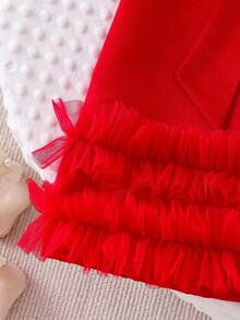 Elladie kids 少女红色婚纱，提花面料，无袖，大蝴蝶结，网纱荷叶边下摆，优雅柔美的红色情人节服装，少女夏季连衣裙