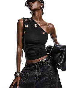 LYSMO Dam Y2K Rynkad Nyckelhålsdesign Ärmlös Figurnära Modern Crop Top - Svart - Visa 4