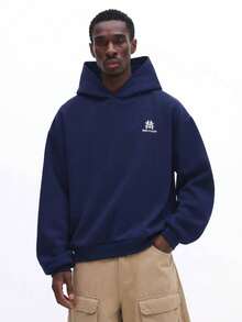 SUMWON Men Navy Blue Pullover Hoodie With Drawstring Back Print Logo Casual Streetwear Sweatshirt Winter Fall Comfort Wear - Navy Blue - View 4