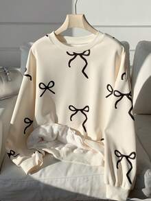 Comfortcana 2025 New Fall/Winter Fashionable Women's Bow Print Simple Daily Crew Neck Long Sleeve Sweatshirt, Long Sleeve Top In Fall/Winter For Women Christmas New Year Casual - Beige - View 5