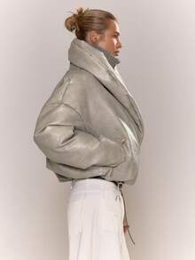 MUSERA Thick Padded Fold Over Collar Faux Leather Jacket Night Out Autumn Fall Winter Back To School Everyday Outerwear - Apricot - View 4