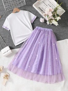 Sparklyn 2pcs/Set Tween Girls Spring/Summer Casual Rhinestone Decor Round Neck Short Sleeve Top Tee And Elegant Shiny Mesh Skirt - Mauve Purple - View 2