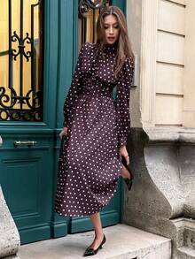 Pariaura French Style Polka Dot Long Sleeve Tie Collar Dress - Coffee - View 4
