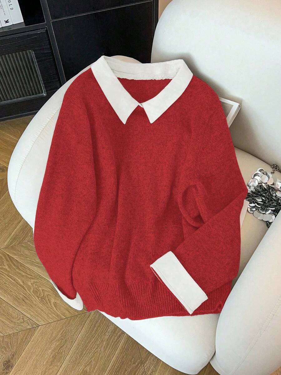 GlowEve CURVE Plus Size Women Shirt Collar Patchwork Casual Versatile Commuter Sweater, Autumn/Winter - Red - View 1