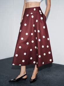 Lumivelle Valentine's Day Elegant Polka Dot A-Line Midi Skirt, Suitable For Commuting And Casual Wear, Spring/Summer Polka Dot Skirt Red Skirt Women Long Skirts Burgundy Skirt - Coffee Brown - View 6