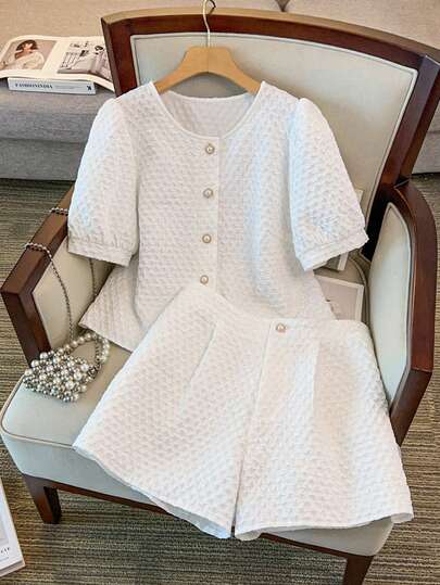 GlowEve CURVE Plus Size 2 Piece Set, Elegant Commuter Textured Solid Color Button Short Sleeve Puff Sleeve Shorts Summer Outfit For Women