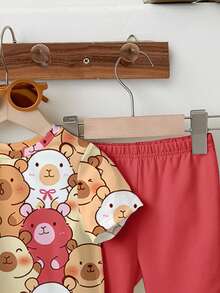 2pcs/Set Young Girl Cute Capybara Cartoon Animal Print Raspberry Red Crew Neck Short Sleeve Top And Flare Pants Outfit,Summer,Family Matching Clothes - Multicolor - View 5