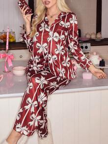 SweetSlumber Sweet Striped Bow Cardigan Women Pajama Set Valentine's Day Lounge Sets For Women Sleepwear Red Pj Set Women - Multicolor - View 5