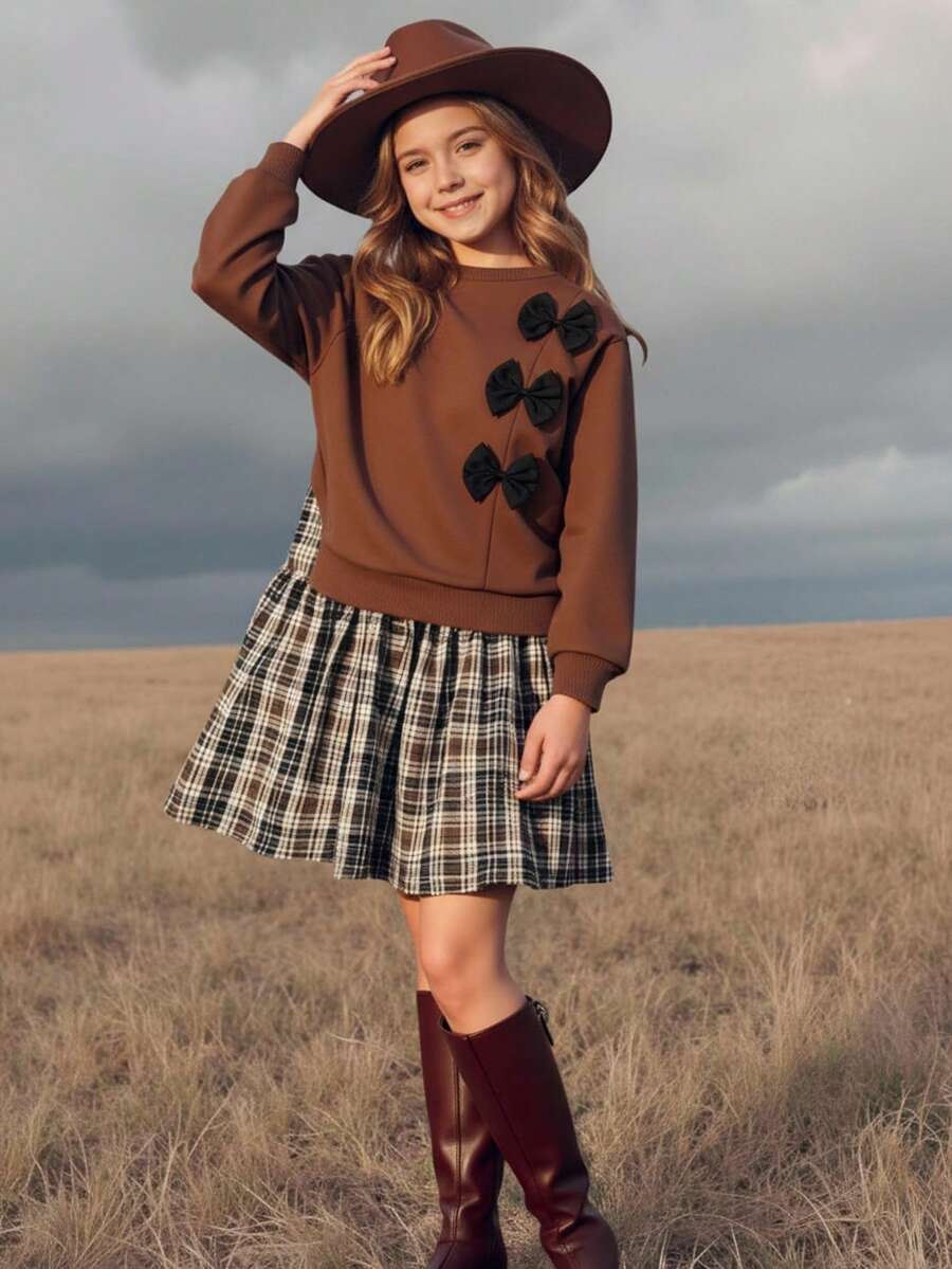 SHEIN Emery Rose Kids 少女撞色长袖休闲连衣裙,可作校服或卫衣裙,适合秋冬季穿着 - 棕色 - 查看 1