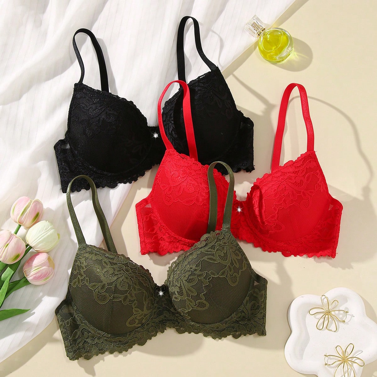 Set de 3 sujetadores inalámbricos de encaje para mujeres, Día de San Valentín