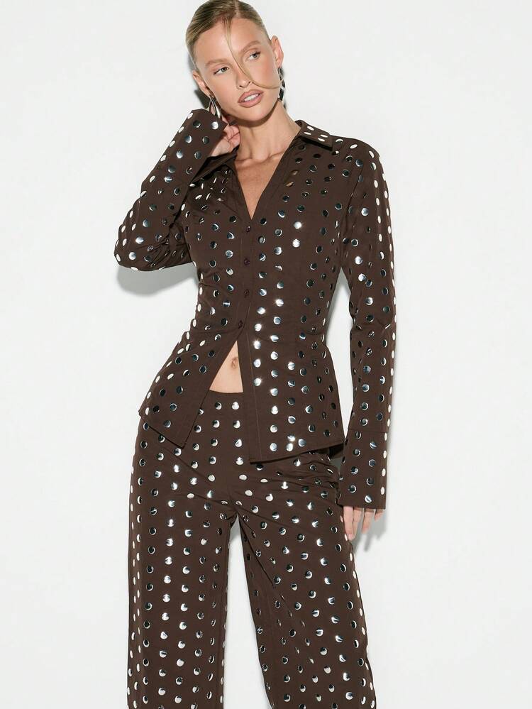 KIZN Lace Up Back Blouse With Polka Dots