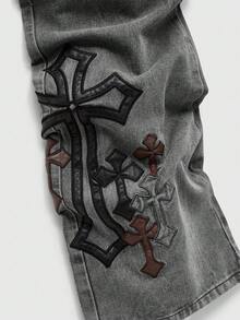ROMWE MEN Grunge Punk 男士休闲时尚街头十字绣宽松直筒牛仔裤 - 灰色 - 查看 3