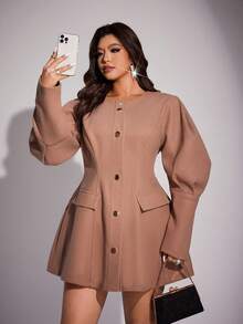 Viva Relle Valentine Plus Size Lantern Sleeve Fitted Wool Coat - Khaki - View 4