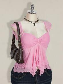 SHEIN ICON 大码女式褶皱前片修身性感网纱拼接荷叶袖露背休闲度假短款背心，秋季返校粉色可爱上衣粉色娃娃衫 - 粉色 - 查看 2
