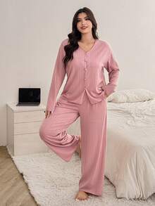 Dazy Plus Fashionable & Elegant Loose V-Neck Long Sleeve Top & Pants Plus Size Women Pajama Set, Pink - Pink - View 3