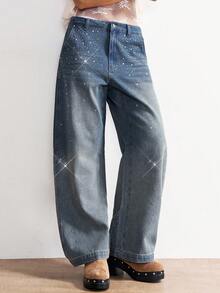 Bohemela 镶钻宽松休闲牛仔阔腿裤，适合度假和派对穿着 - 藍色 - 查看 3
