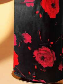 DreamSkyne Plus Size Women's Black And Red Floral Print Maxi Dress,Elegant Long Sleeve Cowl Neck Mermaid Gown,Milk Silk Rose Dress For Autumn Party,Gatherings - Black - View 4