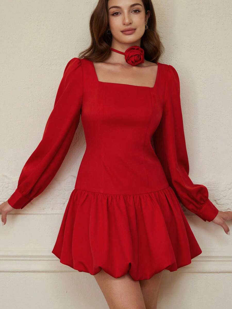 Revavyn European & American Style Fashionable Versatile Square Collar 3D Floral Decor Waist Cinched Peplum Hem Short Long Sleeve Dress, Autumn/Winter - Red - View 1