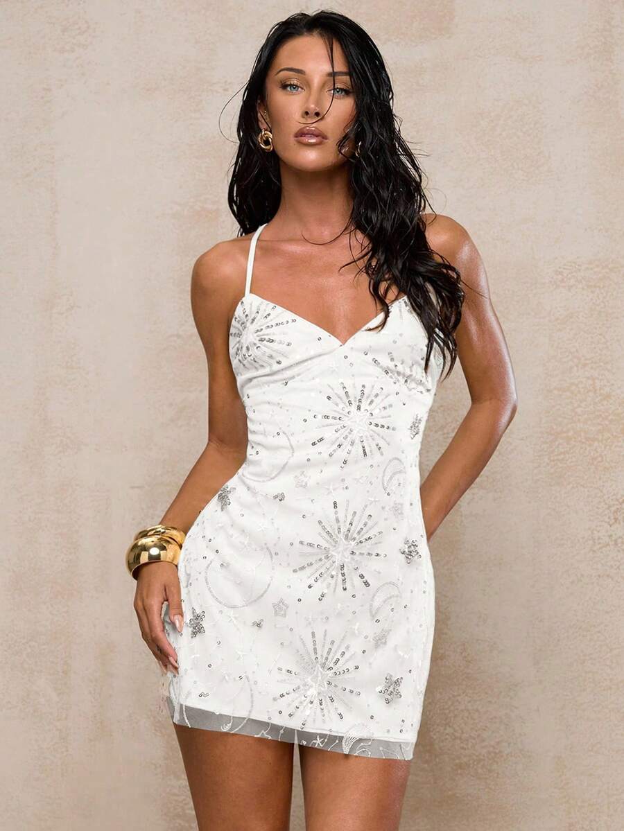 Glamine Women's Mesh Backless Tie Strap Elegant Romantic Sexy Date Dress