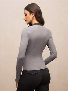 Activina Women's Contrast Color Long Sleeve Stand Collar Equestrian Top Long Sleeve Workout Top Mesh Work Out Top Active Wear For Women Gym Shirt Women Long Sleeve Rash Guard Women Top Ralphlauren  Knitted Fabric - Grey - View 3