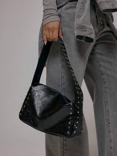 MUSERA Ladies, Women Shoulder Bag, Hobo Bag, PU, PU Bag, Black, Black Bag, Fashionable, Personality, Simple, Versatile, Street, Coo, Rivets, For Daily, Shopping