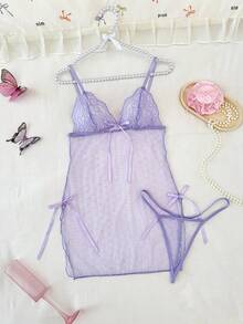 SHEIN 2pcs Women Sexy Lace Patchwork Nightgown Set - Mauve Purple - View 6