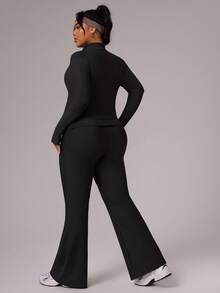 Rhythm Era Bộ đồ thể thao 3 món vải gân ôm sát, khóa kéo ngắn, áo hai dây và quần ống đứng thời trang thu đông dành cho nữ, trang phục thường ngày, chạy bộ, yoga, cỡ lớn - màu đen - Xem 2