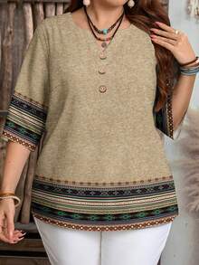 EMERY ROSE Plus Size Women V-Neck Striped Casual Versatile Commute Vacation Long Sleeve Shirt Spring - Apricot - View 6