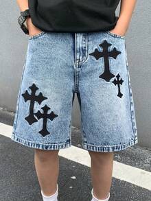 SHEIN Kids Boys' Oversized Cross Embroidered Blue Denim Shorts - Blue - View 5