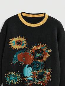 ROMWE Women's Vintage Oil Painting Style Printed Crew Neck Knit Sweater - Black - View 3