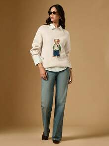 Briarwyn 女士休闲日常小熊刺绣落肩圆领毛衣，秋冬款 - 米色 - 查看 6