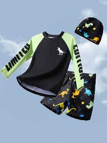 SHEIN Bộ 3 món đồ bơi họa tiết khủng long dễ thương cho bé trai tuổi teen, đi biển, vui chơi, nghỉ dưỡng, tắm suối nước nóng, thích hợp cho các mùa xuân, hạ, thu, đông - màu xanh lá - Xem 5