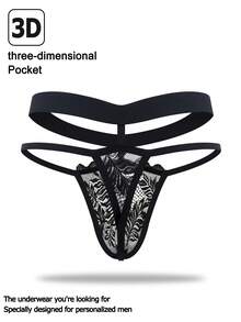 1pc Sexy Lace Trim Fitted Black Thong Underwear For Men - Black - View 2