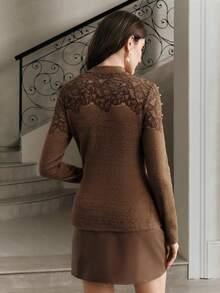 Anewsta Women's Autumn/Winter Lace Bow Knitted Base Layer T-Shirt, Pearl Embellished Design, Mocha Brown Top - Mocha Brown - View 2