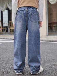 SHEIN Mirajuku Tween Boy Retro Basic Loose Straight-Leg Denim Jeans Chic Outfits For Autumn/Winter - Medium Wash - View 2