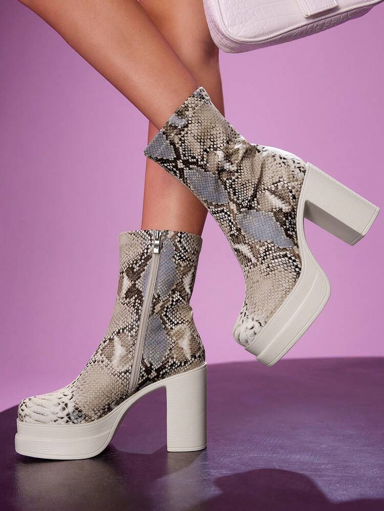 CUCCOO LuxiPop Botas de plataforma de tacón alto grueso a media pantorrilla, impermeables, con estampado de piel de serpiente, para mujer