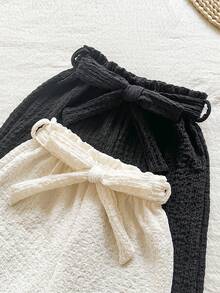 SHEIN Vintaside Kids 2条装少女休闲日常通勤简约纯色纹理面料纸袋腰带宽松阔腿裤 - 白色 - 查看 8
