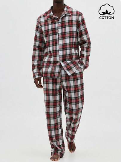 SUMWON Conjunto de ropa de estar en casa con camisa a cuadros con botones y pantalones de pijama a juego para comodidad y descanso casual en noches de invierno
