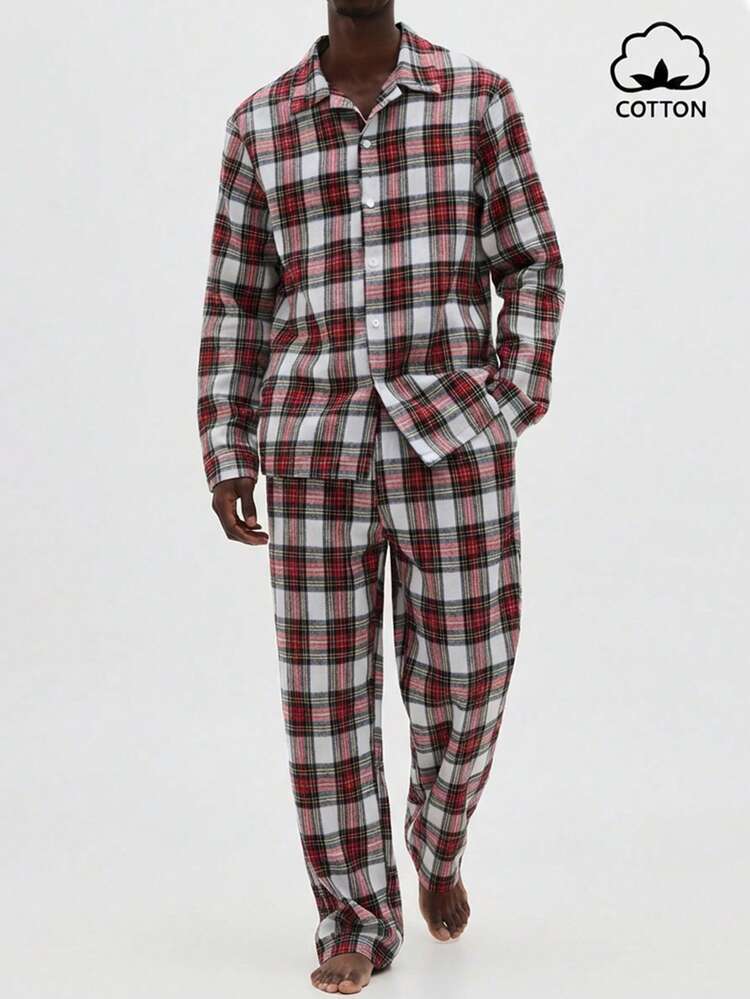 Plaid Button Up Shirt And Matching Pajama Pants