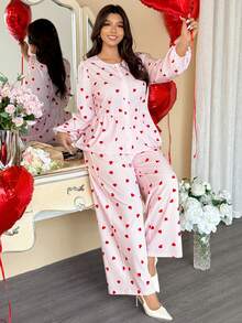 Vionelle Plus Size Valentine's Day Heart Striped Long Sleeve 2 Pieces Set Women,White Autumn Cute Date Night Comfy Pajama Lounge Sets Matching Two Piece Set - Pink - View 7