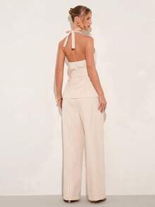 COSMINA Women's Striped,Side-Tie Backless,V-Neck,Waist-Tie Sleeveless Top&Pant Suit Summer Sets,Elegant Beige Two Pieces Set For Brunch,Casual Commuting - Apricot - View 4
