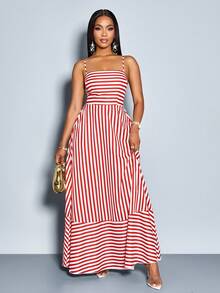 SOLERSUN 女士飘逸条纹长款连衣裙，配有肩带、口袋和胸前褶皱设计，适合度假、海滩、通勤和日常休闲穿着（随机花卉图案） - 紅白色 - 查看 5