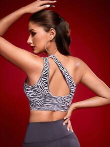 Menodora SHEIN Sport Women's Sleeveless Zebra Print Cutout Shoulder Dance Top - Black and White - View 2