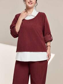 Momelise Women's Plus Size 2-Piece Set,Patchwork Shirt Collar,Loose Chinese Style Vacation Outfit,Navy And White,Autumn,Smart Casual,Everyday Fashion Clothing - Red - View 6
