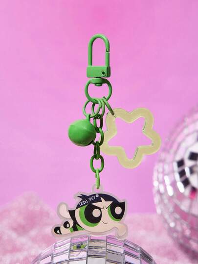 THE POWERPUFF GIRLS X SHEIN Acrylic Powerpuff Girls Buttercup Pattern Keychain With Bell And Pentagram, Gift For Powerpuff Girls Fans, Teenagers, And Students