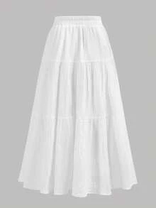 SHEIN Girlism 少女纯色弹力腰带层叠下摆A字裙，休闲荷叶边长款宽松自然白纯色连衣裙，适合春秋季节，日常休闲穿着 - 白色 - 查看 2