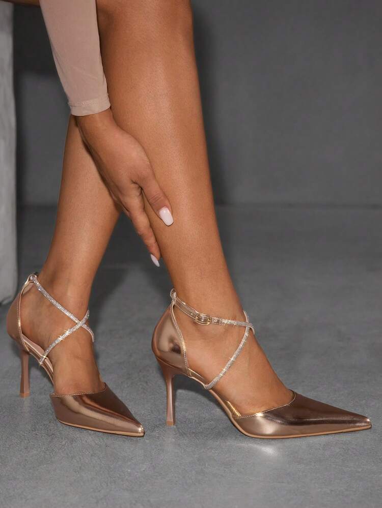 CUCCOO SZL Women's Fashion Party Rhinestone Criss-Cross Strap Pointed Toe High Heels For Christmas